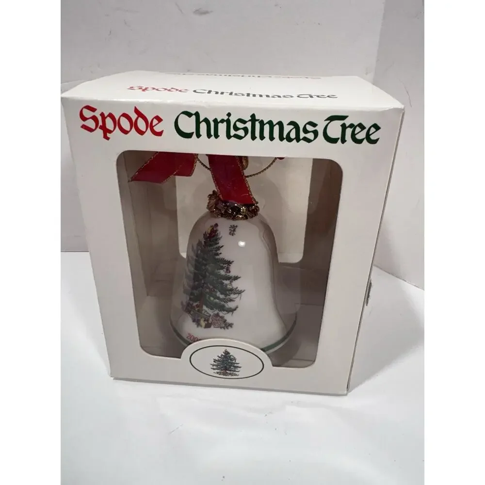 Spode Christmas Tree 2002 Annual Bell with Teddy Bear Topper Ornament Red Ribbon